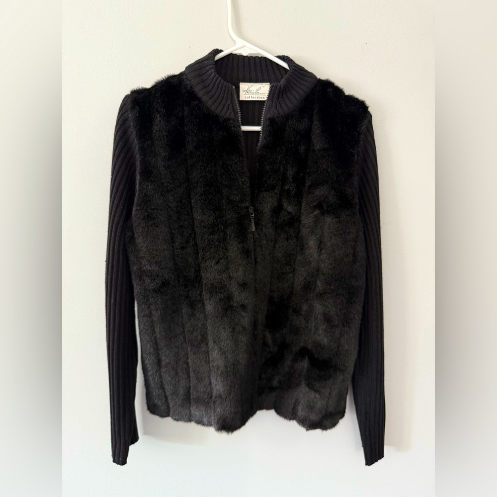 VTG KATHIE LEE Faux Fur Front Zip Black Knit Medium Sweater Teddy Size S M